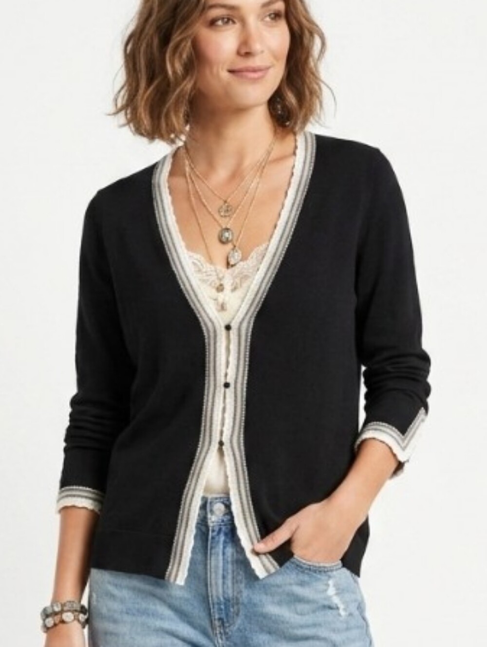 Alfani Black Cardigan with Boho Trim